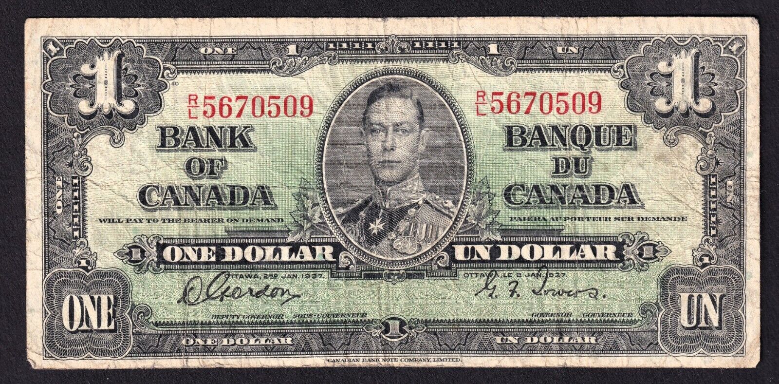 Canada 1937 $1 One Dollar Banknote Gordon - Towers R/L 5670509