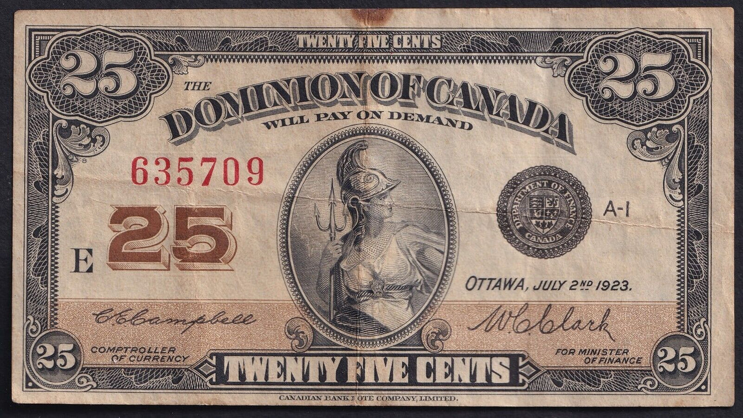 1923 Dominion of Canada 25c Shinplaster Note Campbell - Clark 659433