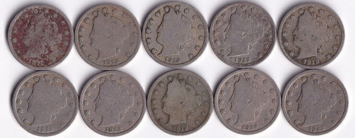 USA 1912 P Liberty Head Five Cent Lot Of Ten Nickels Harder Date