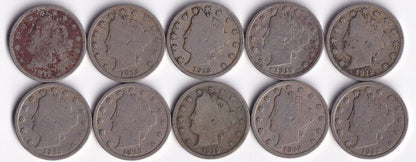 USA 1912 P Liberty Head Five Cent Lot Of Ten Nickels Harder Date