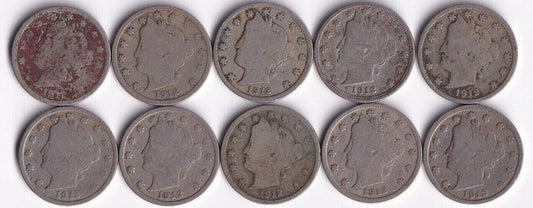 USA 1912 P Liberty Head Five Cent Lot Of Ten Nickels Harder Date