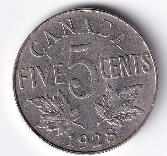 Canada 1928 Five Cent 5c Nickel King George V Very Fine +