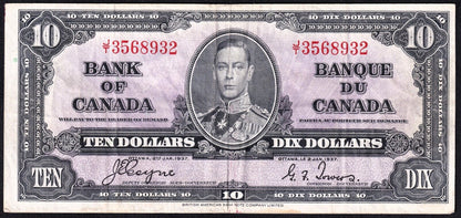 Canada 1937 $10 Ten Dollar Banknote Coyne - Towers J/T 3568932