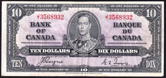 Canada 1937 $10 Ten Dollar Banknote Coyne - Towers J/T 3568932