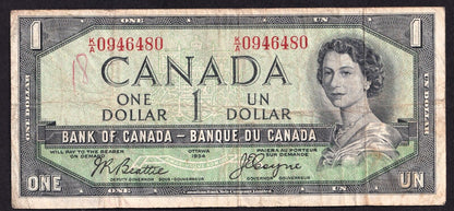 Canada 1954 $1 One Dollar Devils Face Banknote Beattie - Coyne K/A 0946480