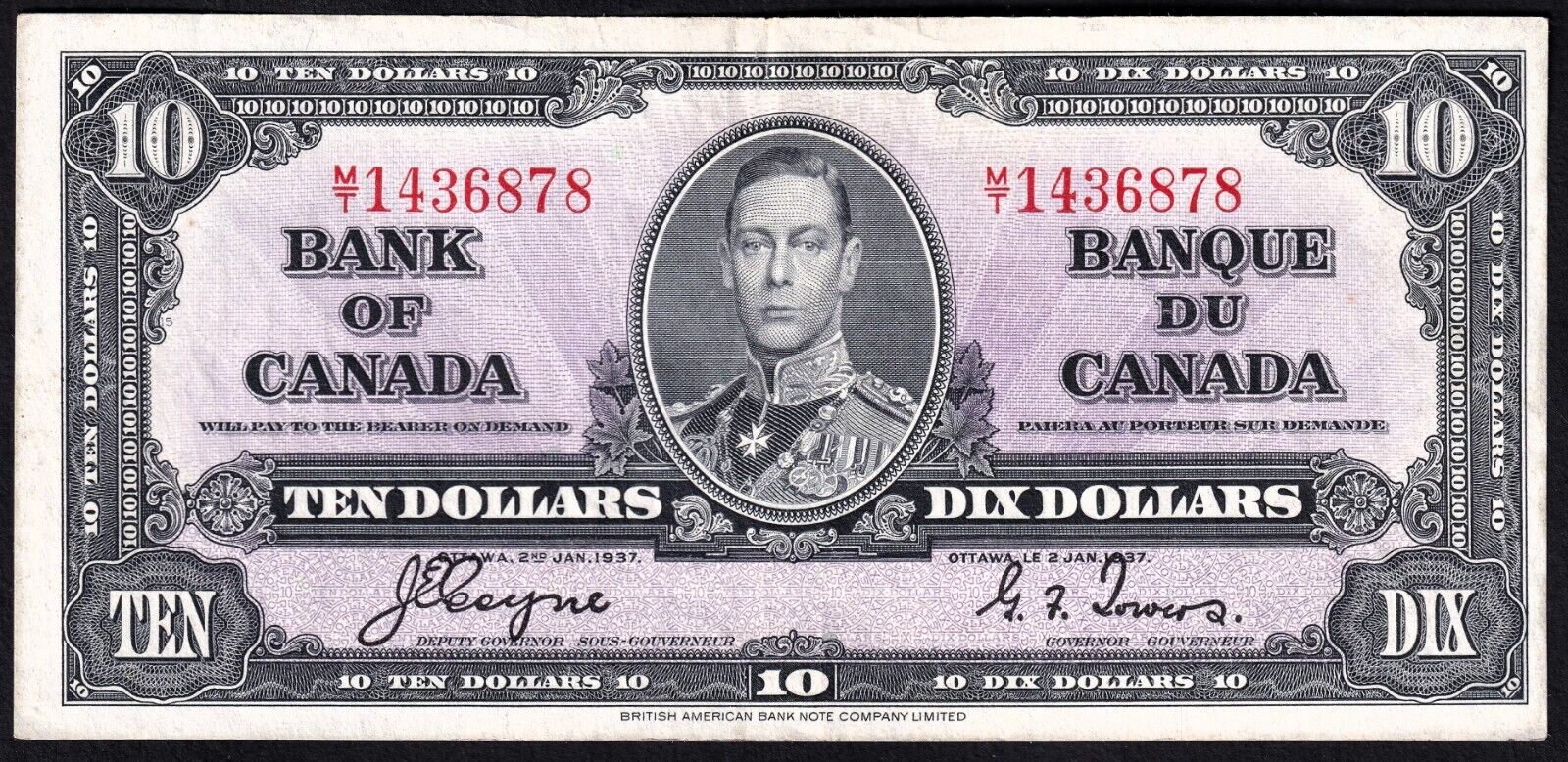 Canada 1937 $10 Ten Dollar Banknote Coyne - Towers M/T 1436878