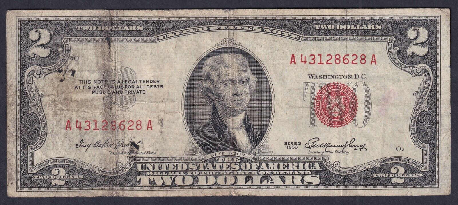 United States Series 1953 $2 Banknote Red Seal