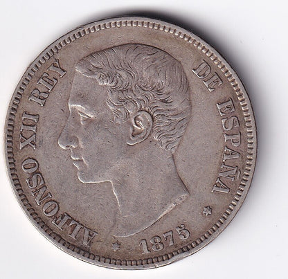 Spain Coin 5 Pesetas 1875 King Alfonso XII Silver .900 Large Silver Coin