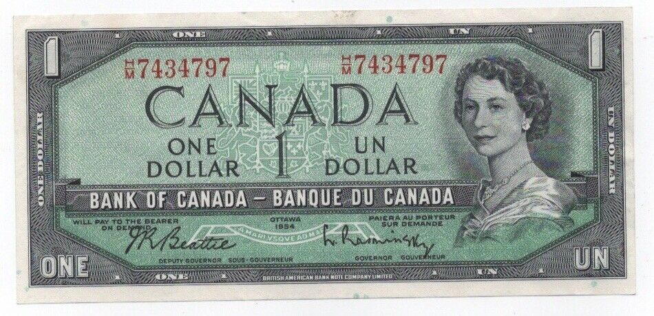 1954 $1 Canada Beattie/ Rasminsky H/M Prefix Low Print Changeover Run XF/AU