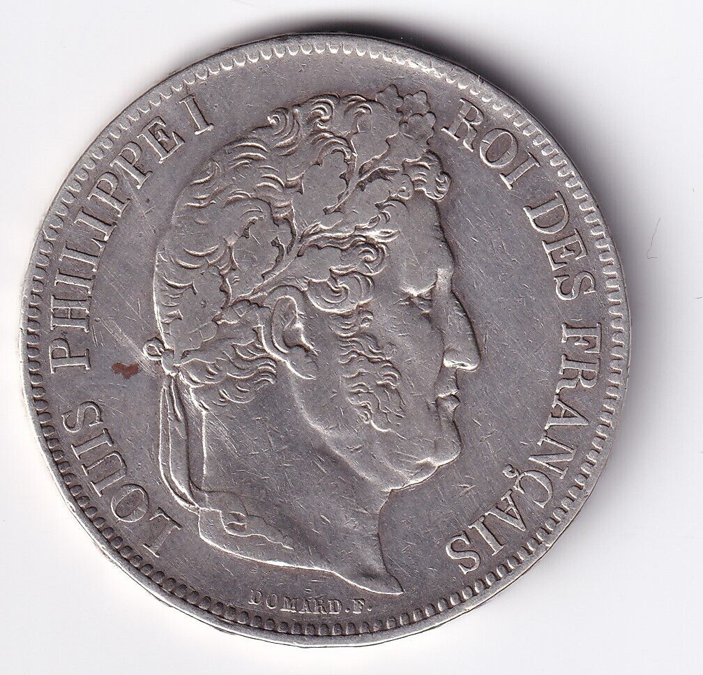 1841 W France 5 Francs Paris Louis Philippe Roi des Francais .900 Silver Large