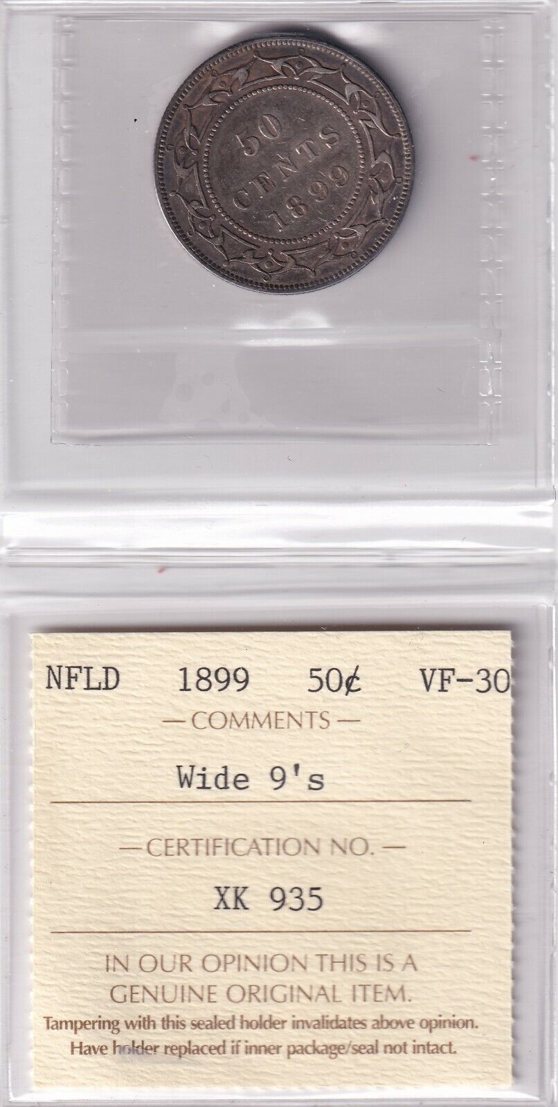 Newfoundland 1899 50 Cent Silver Coin Wide 9's ICCS Certified VF-30 Victorian