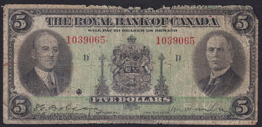 1935 Royal Bank of Canada $5 - Serial Number 1039065 - Cat#630-18-02a Large Sig