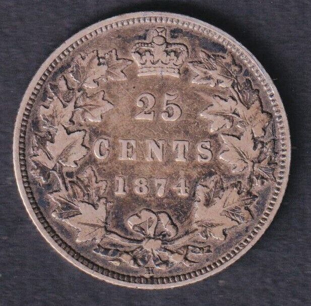 Canada 1874 H 25c Twenty Five Cent Silver Coin Queen Victoria .925 Silver #3 F