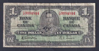 Canada 1937 $1 One Dollar Banknote Gordon-Towers