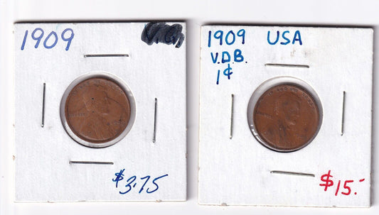 Lot Of 2 USA 1909 One Cent Wheat Cent Coins 1x VDB + 1x Regular Nice Grades