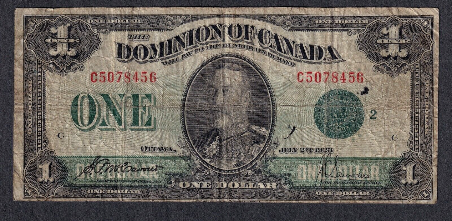 1923 Dominion of Canada $1 One Dollar Note Green Seal DC-25j Nice Grade