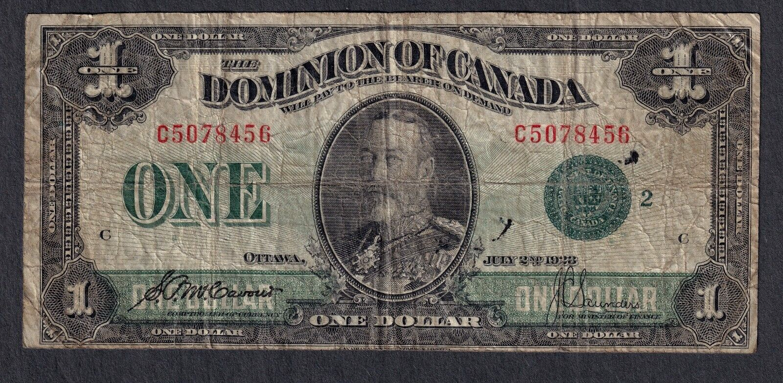 1923 Dominion of Canada $1 One Dollar Note Green Seal DC-25j Nice Grade