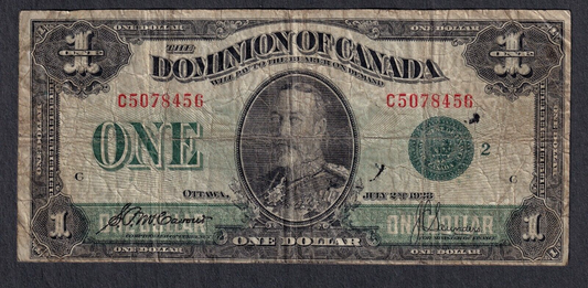 1923 Dominion of Canada $1 One Dollar Note Green Seal DC-25j Nice Grade