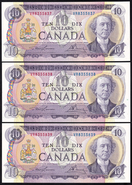 Canada 1971 $10 Ten Dollar Lot Of Three Consecutive Banknotes Lawson - Bouey VR