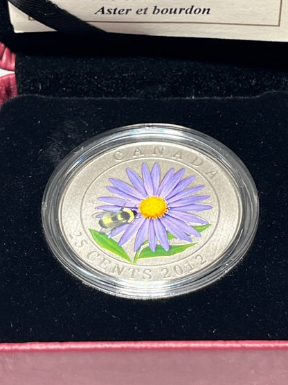 2012 RCM Aster with Bumble Bee Royal Canadian Mint 25 Cent Colourized Coin