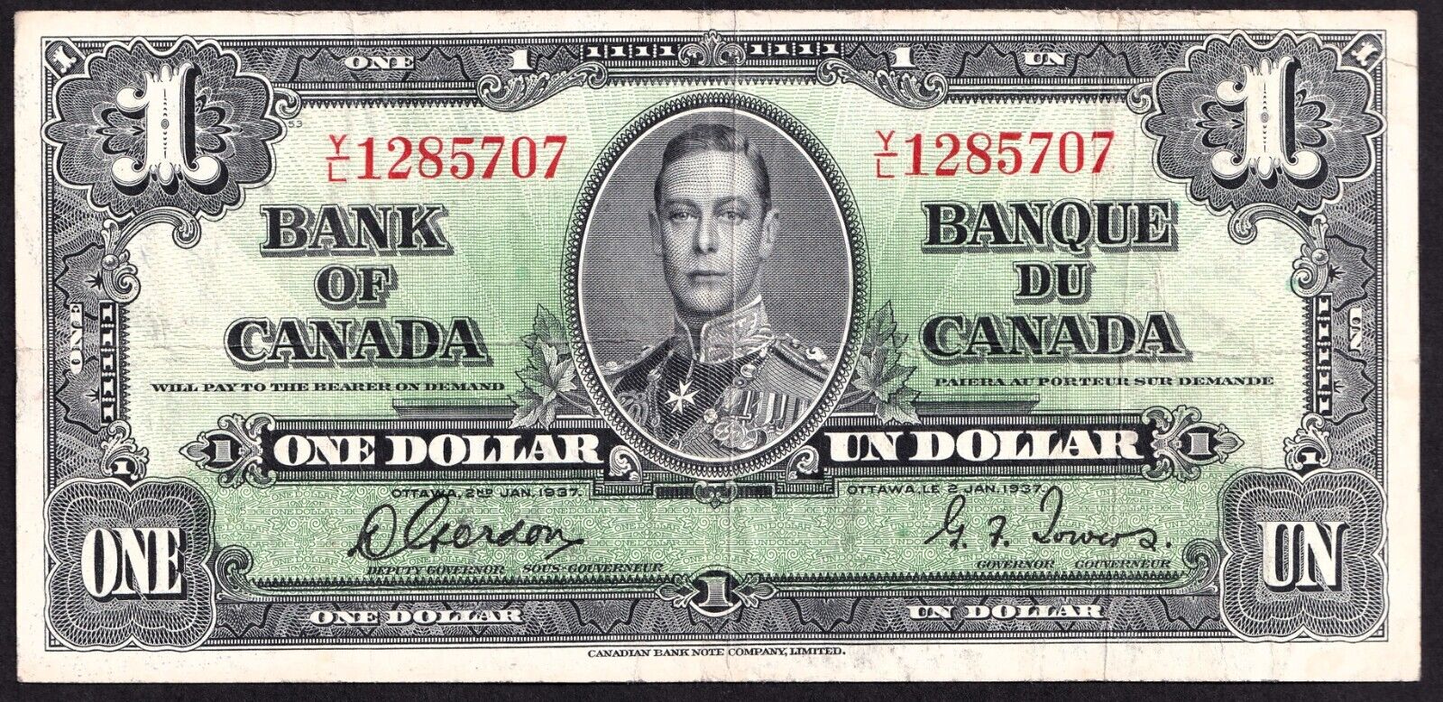 Canada 1937 $1 One Dollar Banknote Gordon - Towers Y/C 1285707