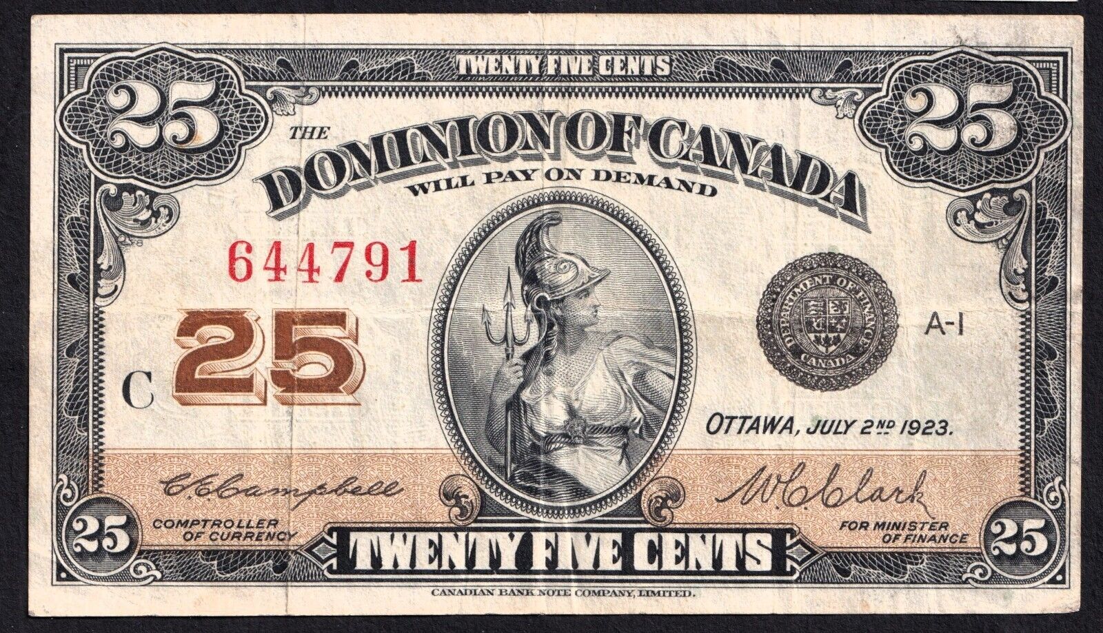 1923 Dominion of Canada 25c Shinplaster Note Campbell - Clark 644791