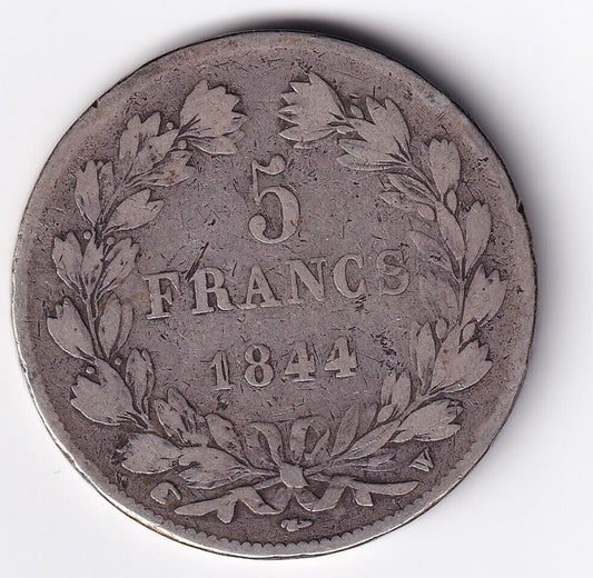 1844 W France 5 Francs Paris Louis Philippe Roi des Francais .900 Silver Large