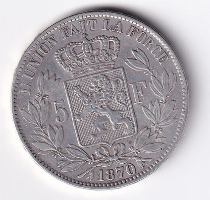 1870 Belgium 5 Francs Leopold II Roi des Belges .900 Silver Large Coin #3