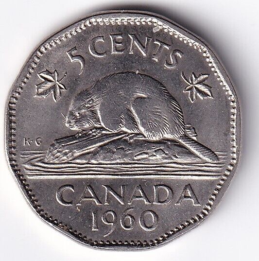 Canada 1960 Five Cent 5c Nickel Queen Elizabeth II  Re-Engraved Date "D"