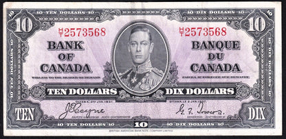 Canada 1937 $10 Ten Dollar Banknote Coyne - Towers H/T 2573568