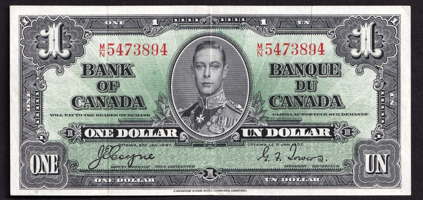 Canada 1937 $1 One Dollar Banknote Coyne - Towers M/N 5473894 Nice Colour