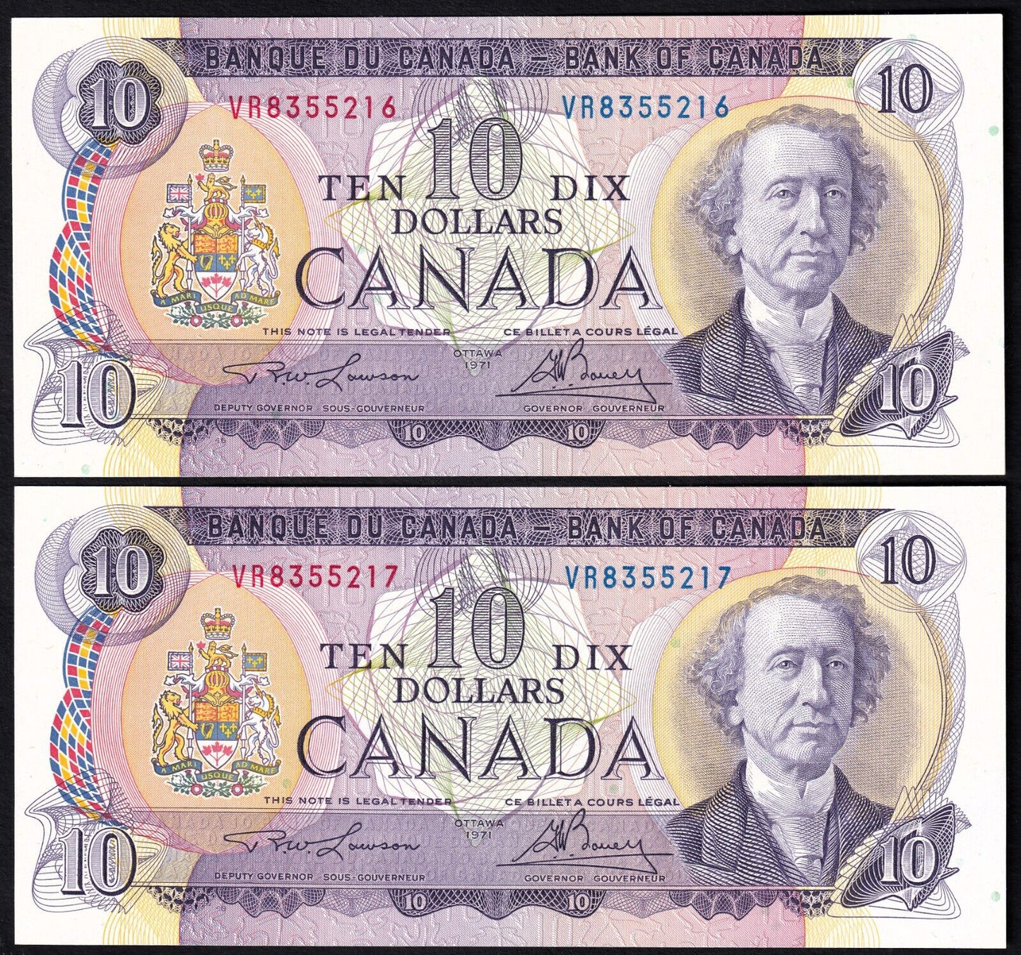 Canada 1971 $10 Ten Dollar Lot Of Two Consecutive Banknotes Lawson - Bouey VR