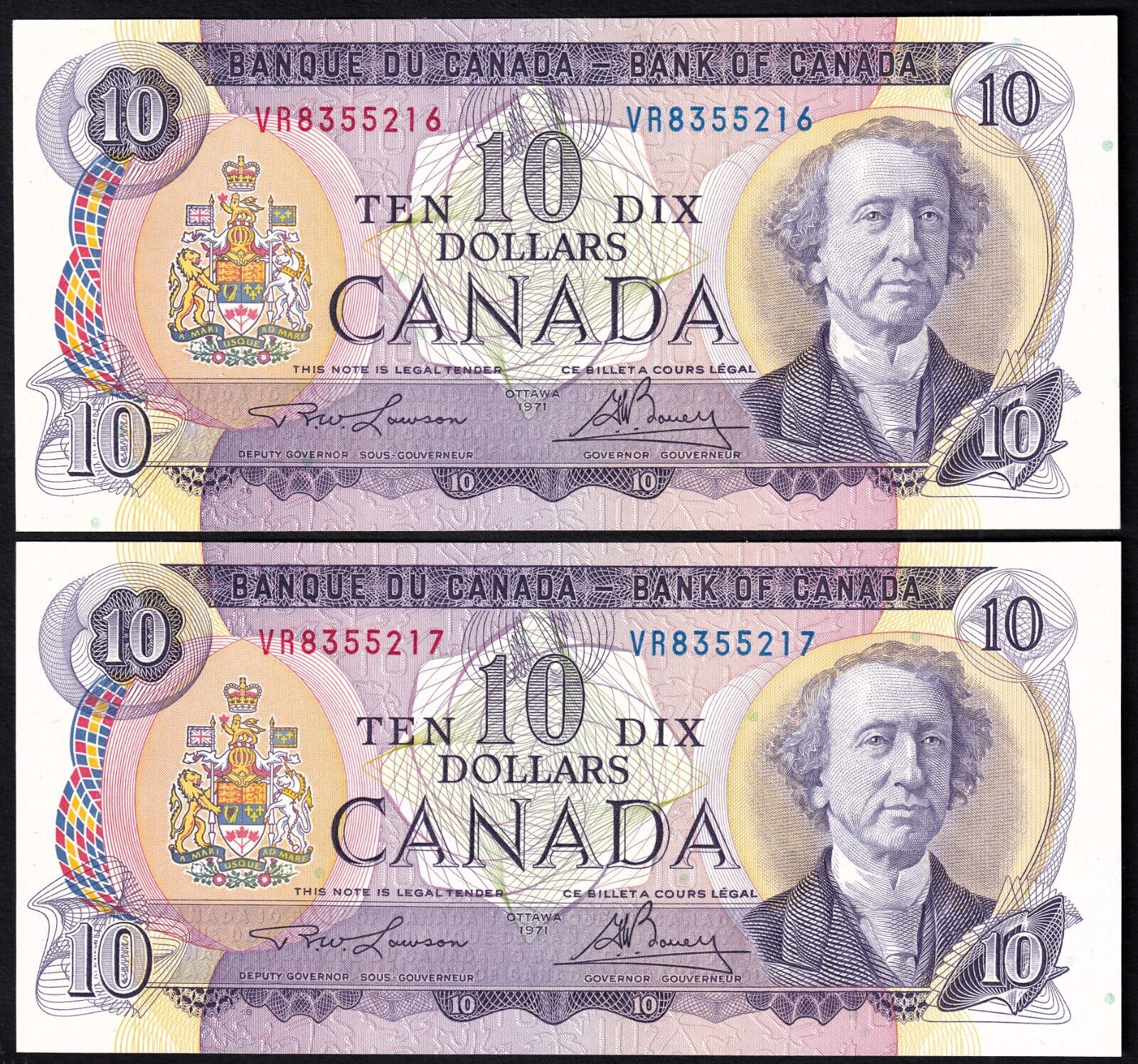 Canada 1971 $10 Ten Dollar Lot Of Two Consecutive Banknotes Lawson - Bouey VR