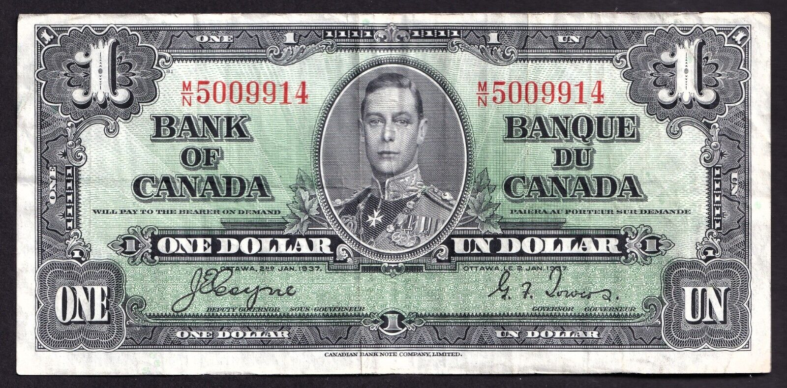 Canada 1937 $1 One Dollar Banknote Coyne - Towers M/N 5009914 Nice Colour