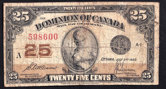 1923 Dominion of Canada 25c Shinplaster Note McCavour - Sanders 598600