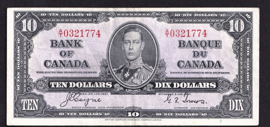 Canada 1937 $10 Ten Dollar Banknote Coyne - Towers A/T 0321774