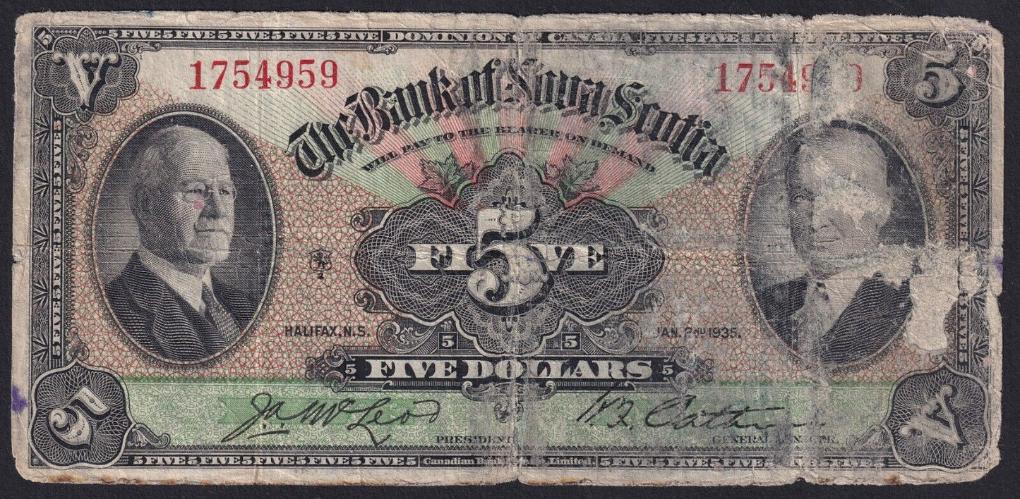 1935 The Bank Of Nova Scotia $5 Five Dollar 550-36-02