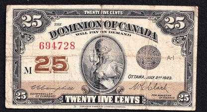 1923 Dominion of Canada 25c Shinplaster Note Campbell - Clark 694728