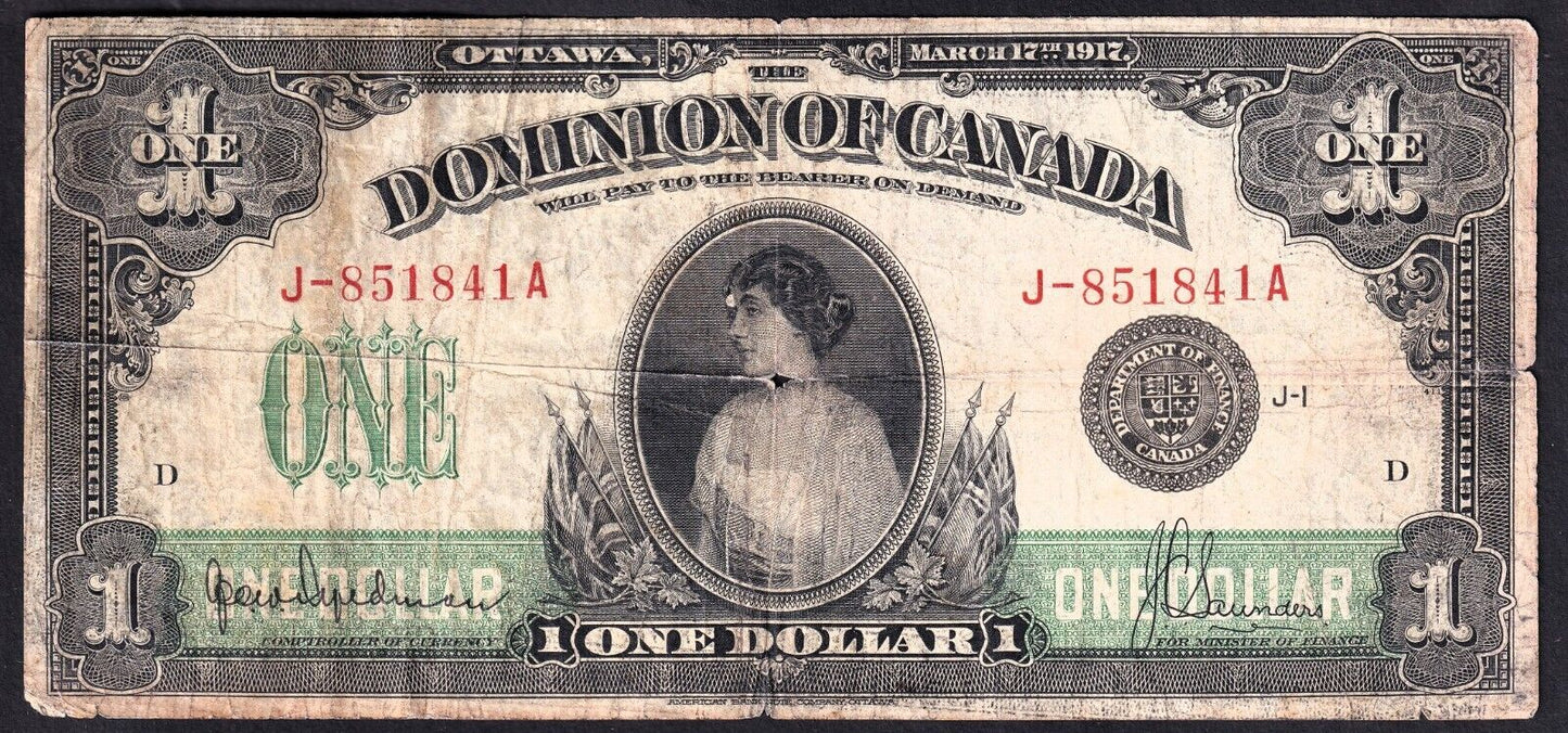 Dominion Of Canada 1917 $1 One Dollar Banknote Hyndman - Saunders J - 851841A