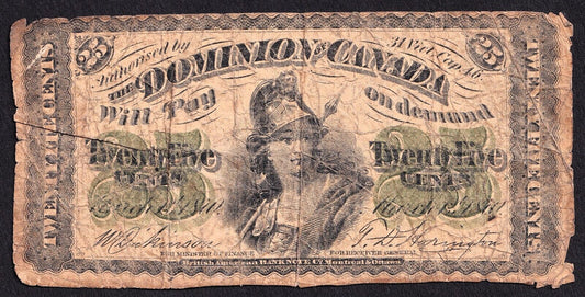 Dominion of Canada 1870 25 Cent Shinplaster Plain Dickinson-Harington Nice Note