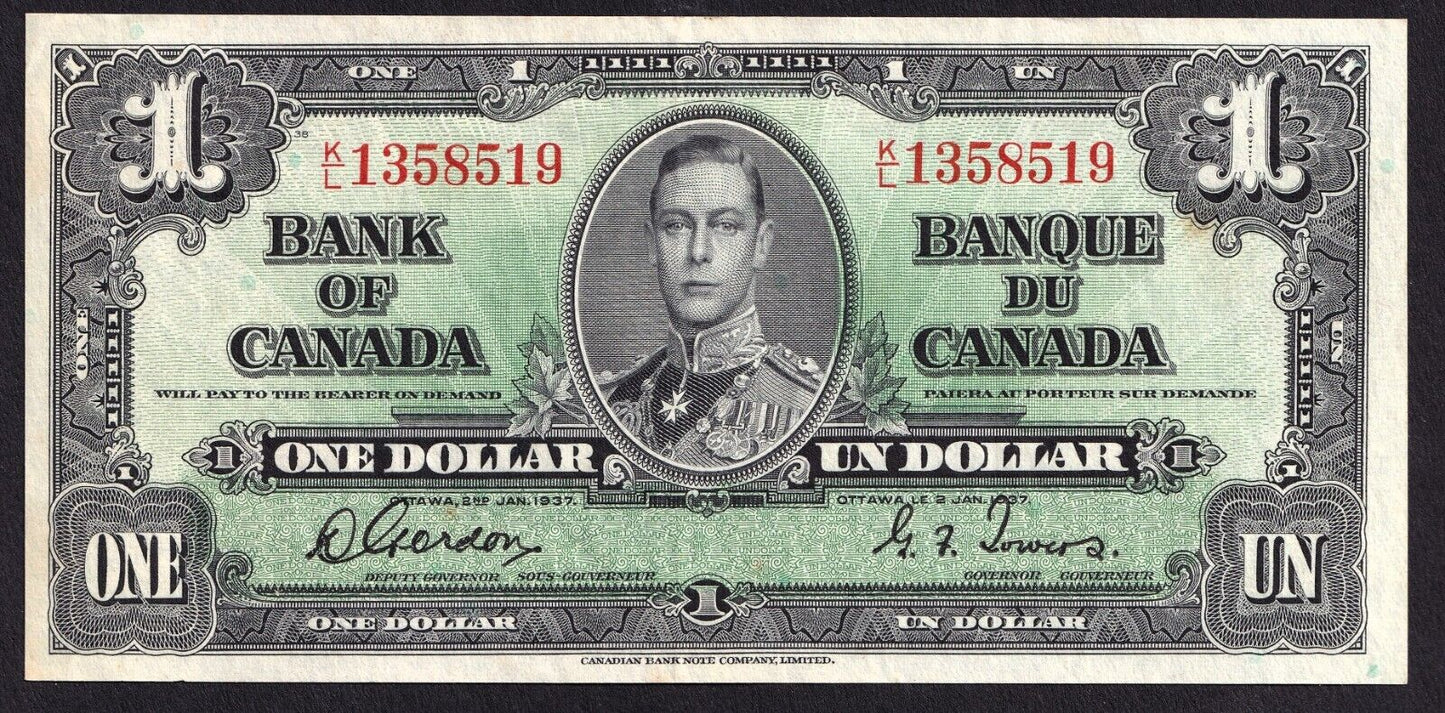 Canada 1937 $1 One Dollar Banknote Gordon - Towers K/L 1358519