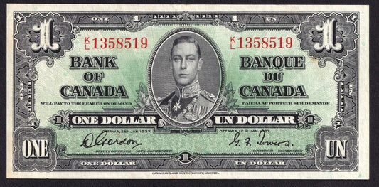 Canada 1937 $1 One Dollar Banknote Gordon - Towers K/L 1358519