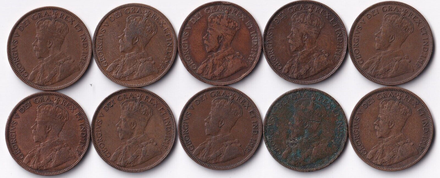 Canada 1918 1 Cent Lot Of Ten Large Cents King George V Coins