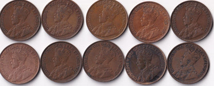 Canada 1920 1 Cent Lot of Ten Large Cents King George V Coins Harder Date