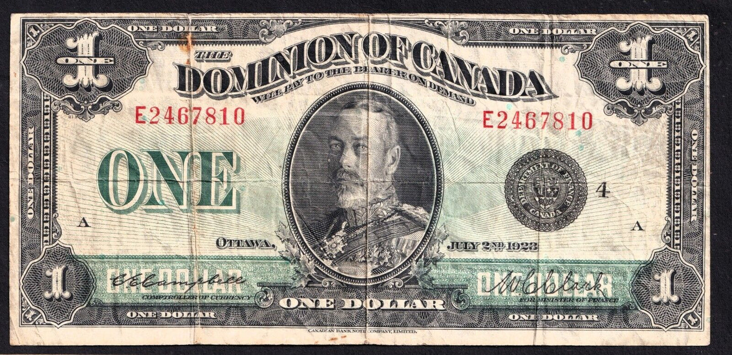 Dominion Of Canada 1923 $1 One Dollar Banknote Campbell - Clark Black Seal