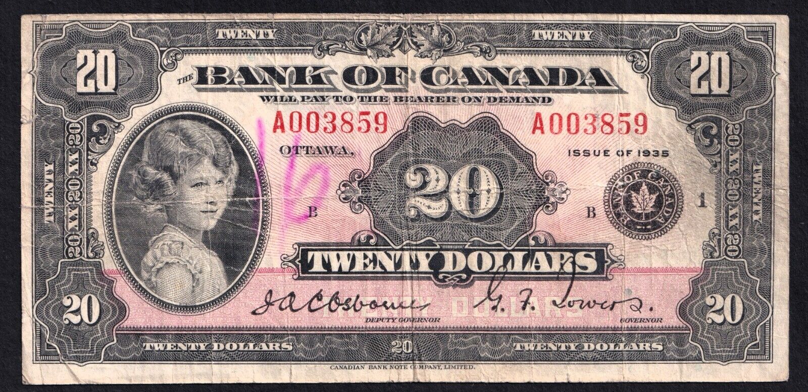 1935 Bank of Canada $20 Banknote BC-9a English Rare Large Seal