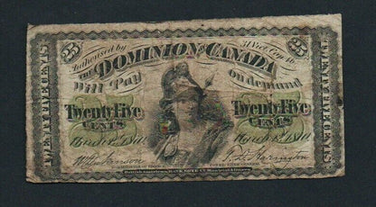 1870 Dominion Of Canada 25 Cents Banknote Rare "B" Series Nice Rare Note!