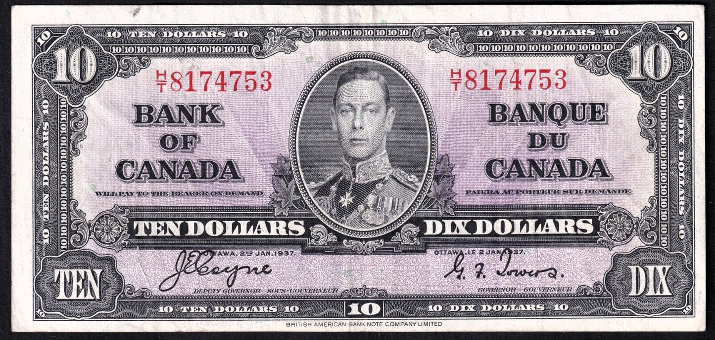 Canada 1937 $10 Ten Dollar Banknote Coyne - Towers H/T 8174753