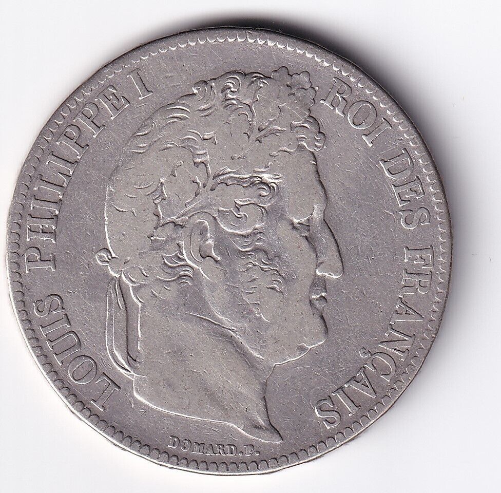 1837 W France 5 Francs Paris Louis Philippe Roi des Francais .900 Silver Large