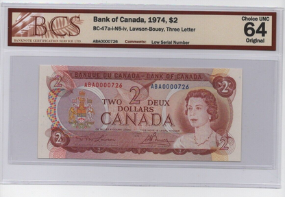 Canada 1974 $2 Two Dollar Banknote Low Serial Number #726 BCS Choice UNC-64